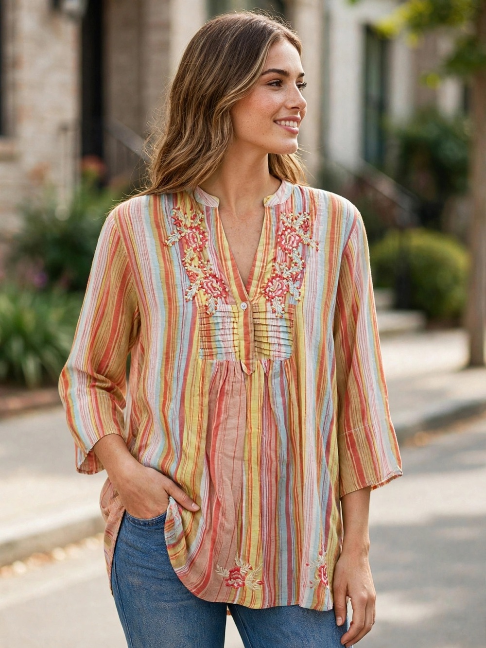 Girls' Multicolor Striped Embroidered Tunic Top